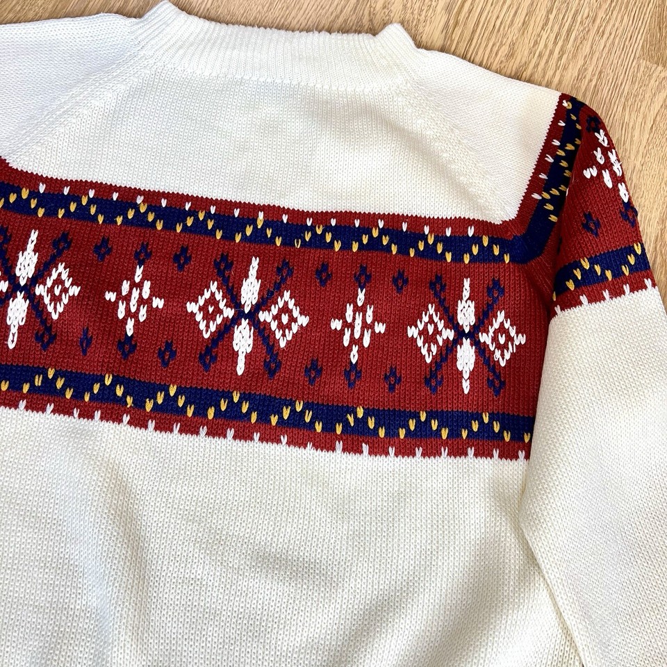 Vintage JC Penney Jumper Sweater 80s Nordic Fair Isle Cream Red P2P 23