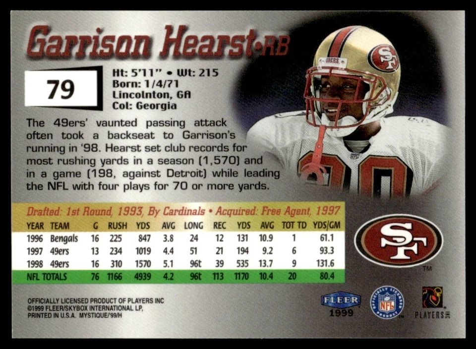 1999 Fleer Mystique Gold Garrison Hearst San Francisco 49ers #79 Georgia - Image 2 of 2