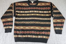 VTG Geoffrey Beene 100% Lambs Wool Sweater Mens Large L Striped Black 90's Y2K