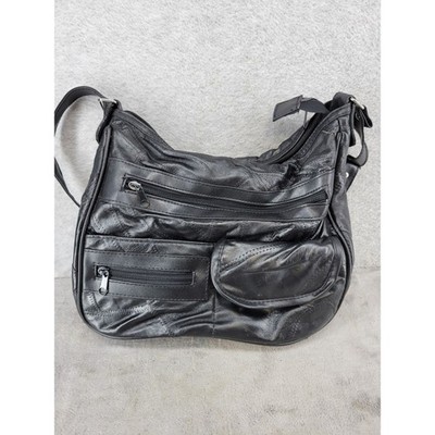 Black Patched Lambskin Leather Shoulder Bag Multi Pocket Hobo RN 116204