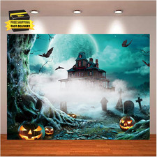 Halloween Photo Backdrop Watercolor Pumpkin Pumpkin Scary Graveyard Castle Night
