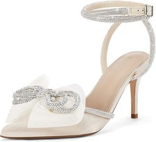 Coutgo Rhinestone Bow Dressy Satin Heels Shoes - Nude - Size 7 1/2 7.5