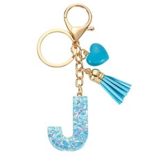 Initial Letter Keychains, Resin Cute Pendant with Heart  Tassel, Blue-J