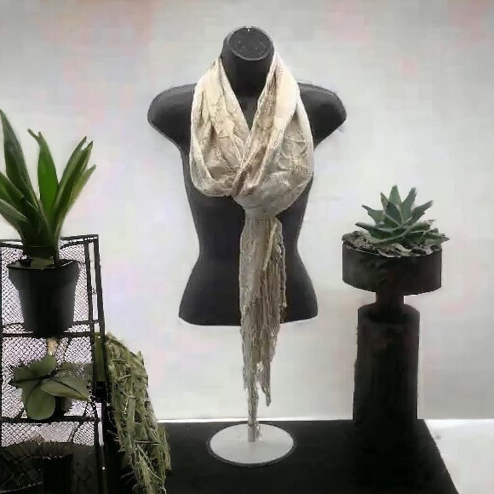 Collection 18 Taupe Scarf with Knotted Fringe Brown Silver Accents NWT 12x96