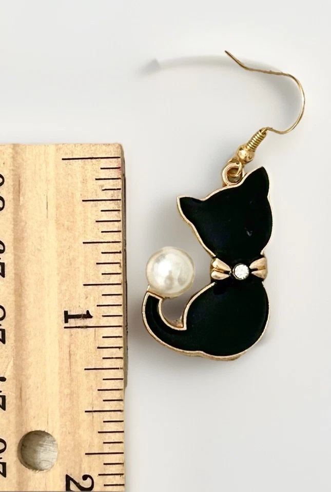 Betsey Johnson Black Rhinestone Pearl Kitty Cat Dangle Earrings NWT - Image 2 of 4