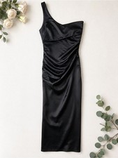 Emerald Sundae One Shoulder Black Satin Maxi Dress Women’s Small
