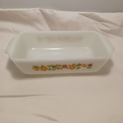 Vtg Fire King Milk Glass Flower Pattern 1QT Loaf Pan Baking Dish Anchor Hocking