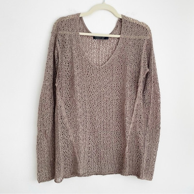 Peruvian Connection baby alpaca wool bamboo open knit sweater v neck brown large