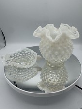 Vintage Fenton opalescent hobnail glass vase and Trinket Dish with a ruffled.