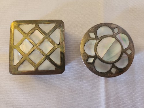 Vintage Metal Pill Boxes With Mother Of Pearl Inlay, Set Of 2, Appr 2"