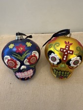 Sugar Skull Christmas Halloween Pearl Blue DOTD Flower Motif Painted Glass Set 2