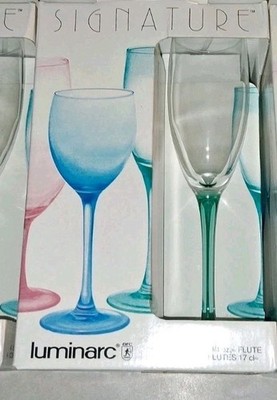 VTG Luminarc Champagne Flutes with Turquoise Stems Clear Bowls Set of 4 France