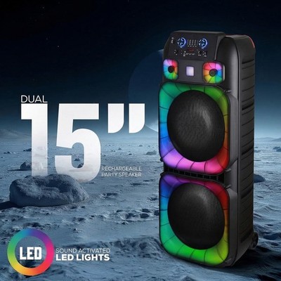 15,00W Dual 15'' Bluetooth Party Speaker Powerful Sound System Party w/ 2 Mic