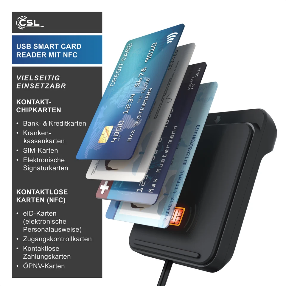 CSL CR USB 2.0 Dual Chipkartenlesegerät NFC Smartcard Schwarz Kartenlesegerät - Bild 3 von 4