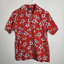 Lands End Womens Sz M Wood Button Front Shirt Hawaiian Tropical Vintage USA Made