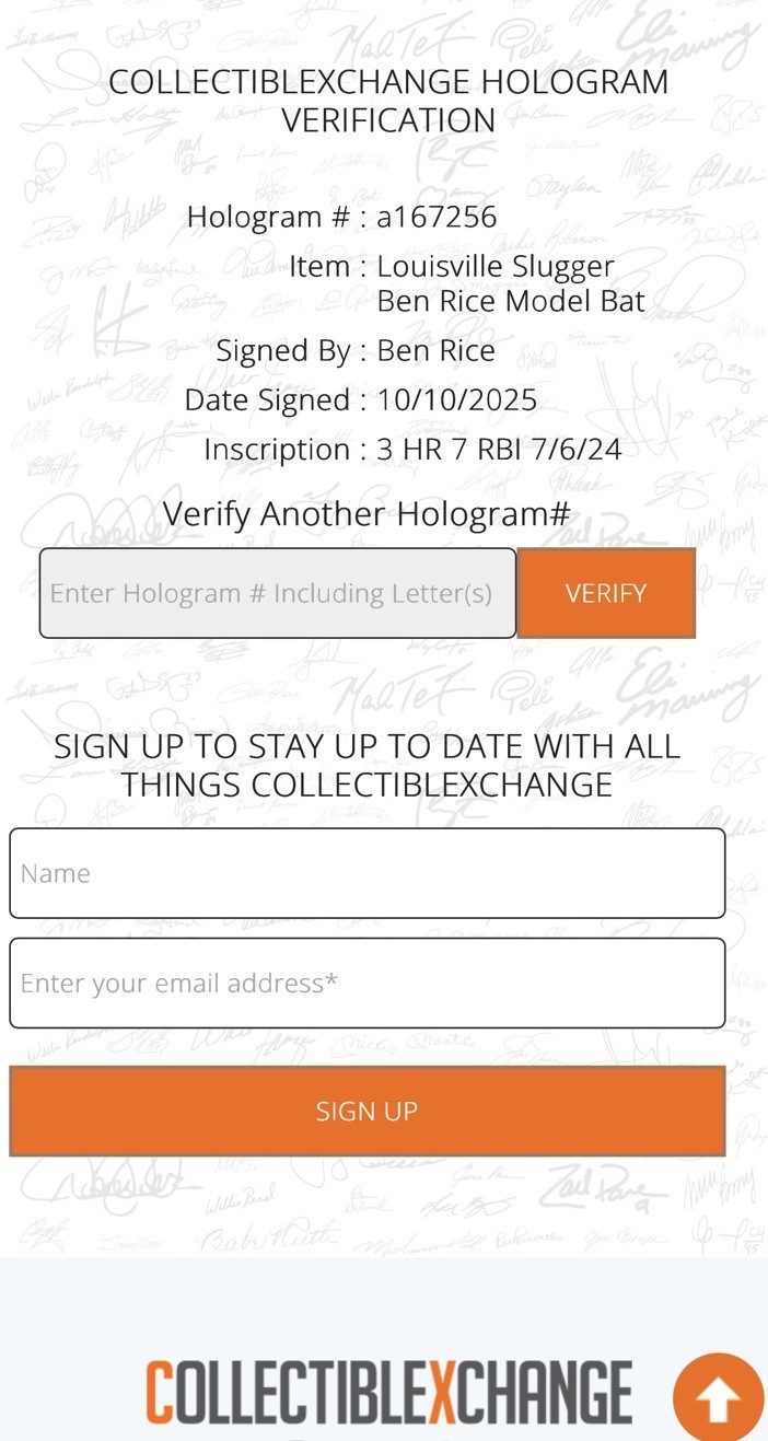 Ben Rice Signed Louisville Slugger Game Model Bat Yankees 3 Hr 7rbi Auto Steiner