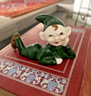 Vtg Mcm Elf Figurine Christmas Pixie Boy Sculpture Green Ceramic Laying Down