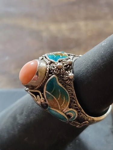 Anello Vintage Argento Sterling 925 Corallo Smaltato Farfalla Cupola Misura 6 a 5,6 grammi - Foto 3 di 6