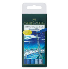 Faber Castell Pitt Artist Pens Brush Tip - SHADES OF BLUE Set of 6 Markers