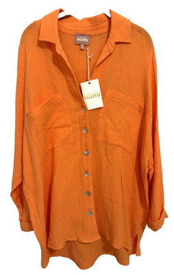 Show Me Your Mumu Johns Button Down Gauzy Cotton Shirt Bright Orange Oversized M