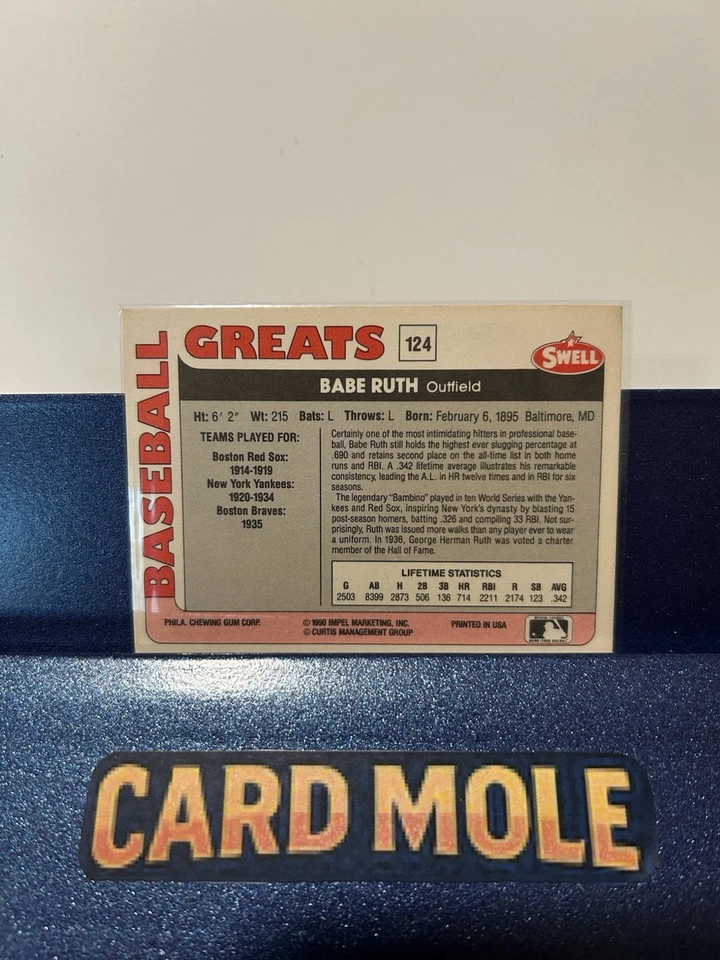 1990 Swell Baseball Greats Babe Ruth #124 New York Yankees HOF Baseball Card - Image 2 of 3