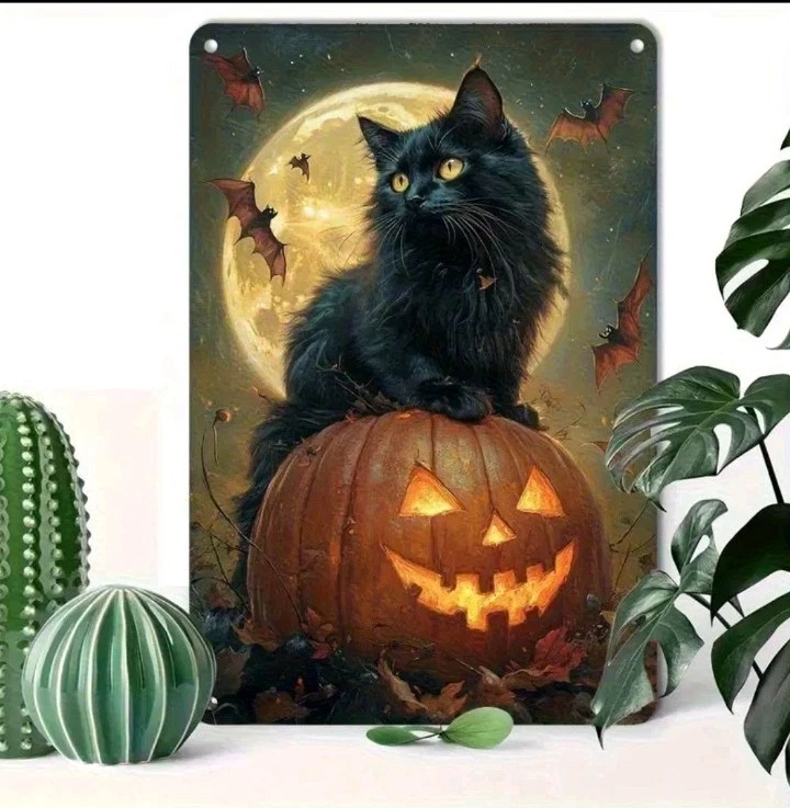 "Halloween Metal Wall Decor Black Cat Pumpkin Vintage Sign Haunted House Gift"