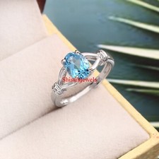 Natural Blue Topaz Gemstone With 18K White Gold Plated Silver Women's Ring 1261