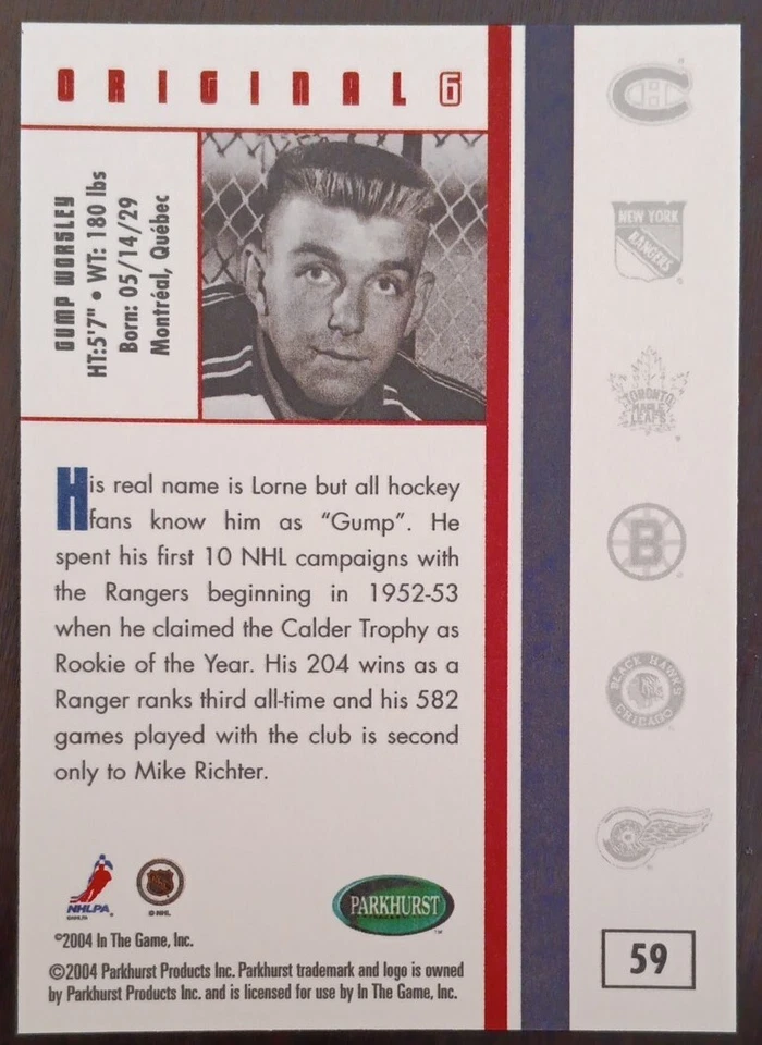 2003 - 2004 Parkhurst Gump Worsley Original Six Rangers #59 Hockey Card - Image 2 of 2