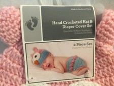 NEW 0-9 Months Baby Hand Crochet PINK FLOWER Hat and Diaper Cover-- Photo Shoot