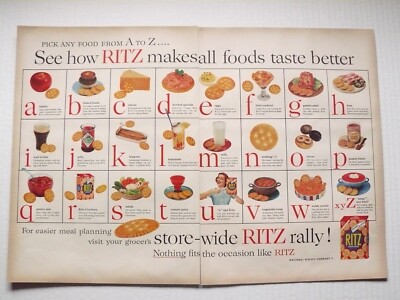 1956 Nabisco Ritz Crackers Alphabet Of Uses A to Z 2-page Vintage Print Ad
