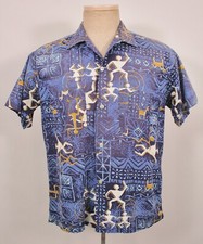 Men's VTG 50s Blue Tiki / Hawaiian Shirt Sz M 1950s Lanier Loop Collar