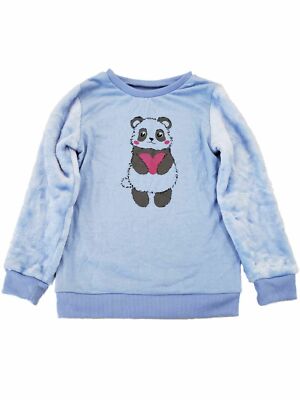 Girls Light Blue Panda Bear Heart Hug Fuzzy Plush Winter Sweatshirt Shirt Top S
