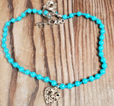 Turquoise Color Beaded Anklet Heart Key Lock Charm Toggle Clasp 10'' 