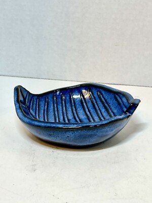 Handcrafted Small Blue Glazed Leaf Dish ~ Signed A. York