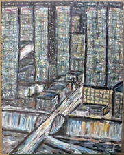 TOKYO NIGHTS 16x20 city lights original small repair oil painting signed Crowell