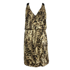 Fred David Dress Womens L Beige Chiffon Animal Print Blouson Ruffle Wrap