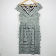 Adrianna Papell Occasions Silver Tiered Beaded Short Sleeve Dress Womens 10