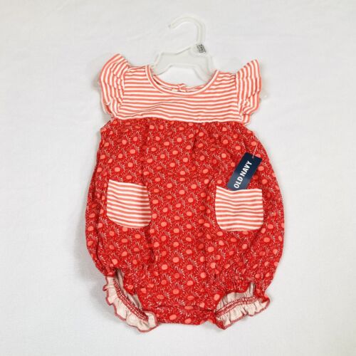 Old Navy Red Stripes Circles Print One Piece Bodysuit Rompers Snap 3-6 Months - Picture 1 of 4