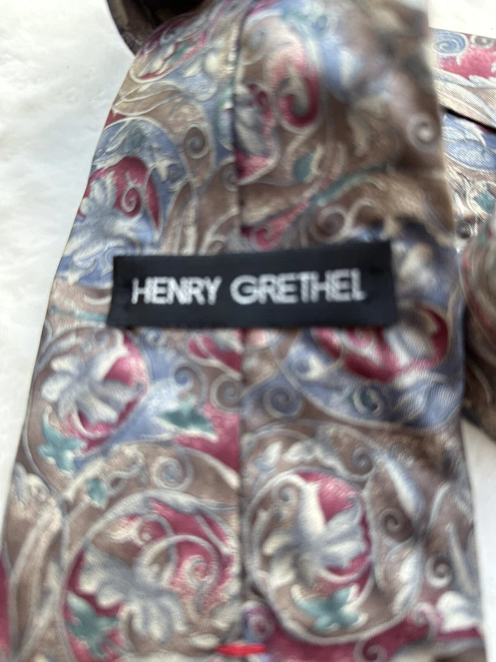 "Corbata de seda clásica Henry Grethel de colección para hombre, floral granate beige azul 55"" por 4""" Foto 3 de 4