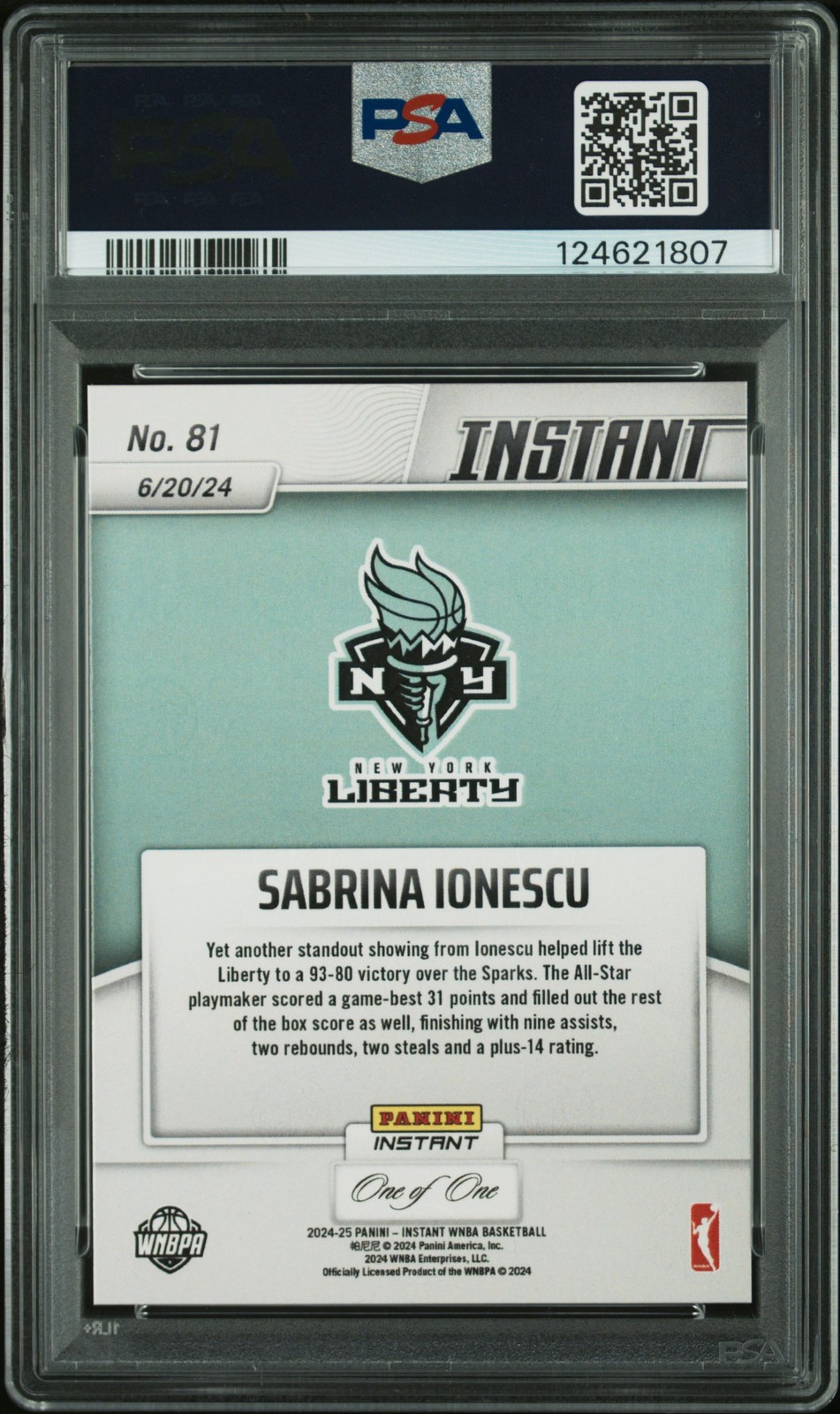 2024 PANINI INSTANT WNBA BLUE VIPER 1/1 #81 SABRINA IONESCU 1/1 PSA 10 view 2