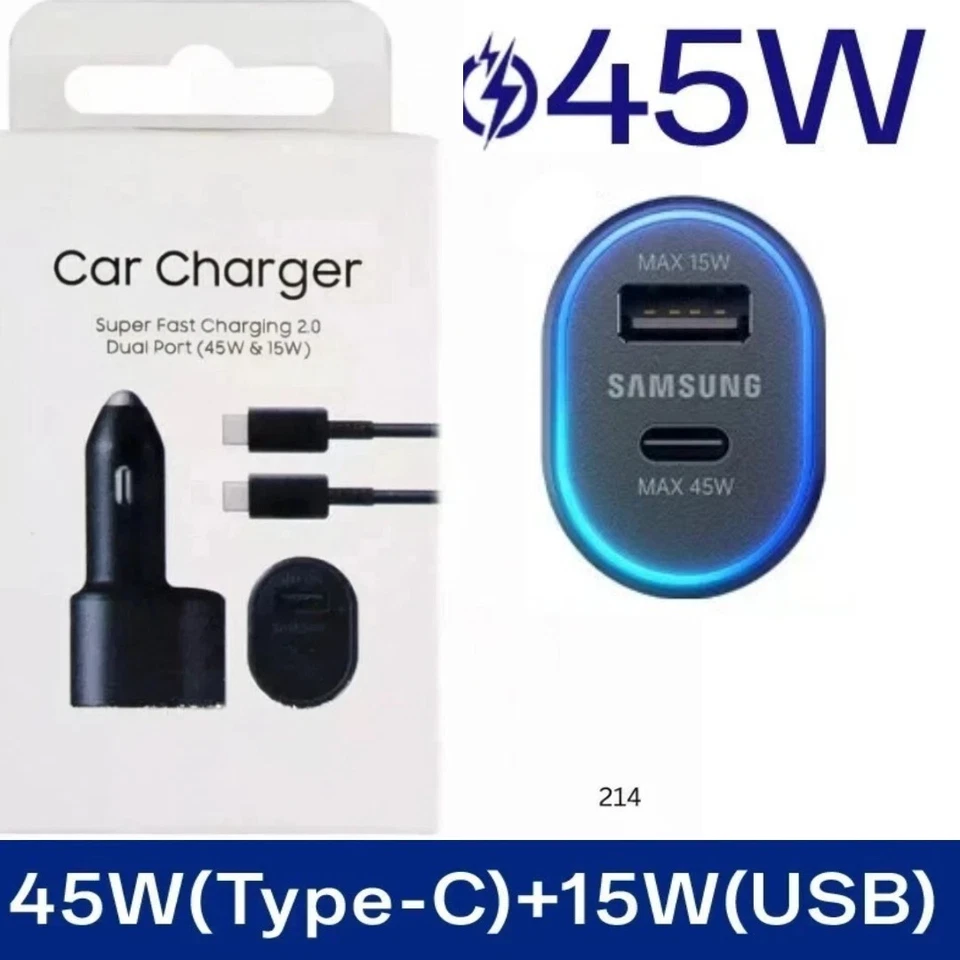 For Samsung 60W Super Fast Charger Dual Car Charger (45W+15W) 2 Port USB-C - Image 1 of 4