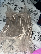 Victoria Secret Vintage Sleepwear Silk Nude w/ Lace Sz: L