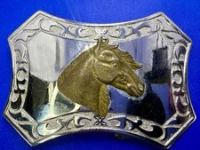 Horse Head Reflective Two Tone Swirl Ornate Western Rodeo Cowboys Belt Buckle