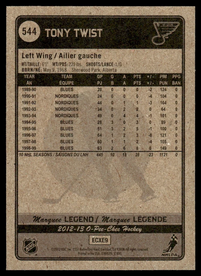 2012-13 O-Pee-Chee MARQUEE LEGEND Tony Twist St. Louis Blues #544 - Image 2 of 2