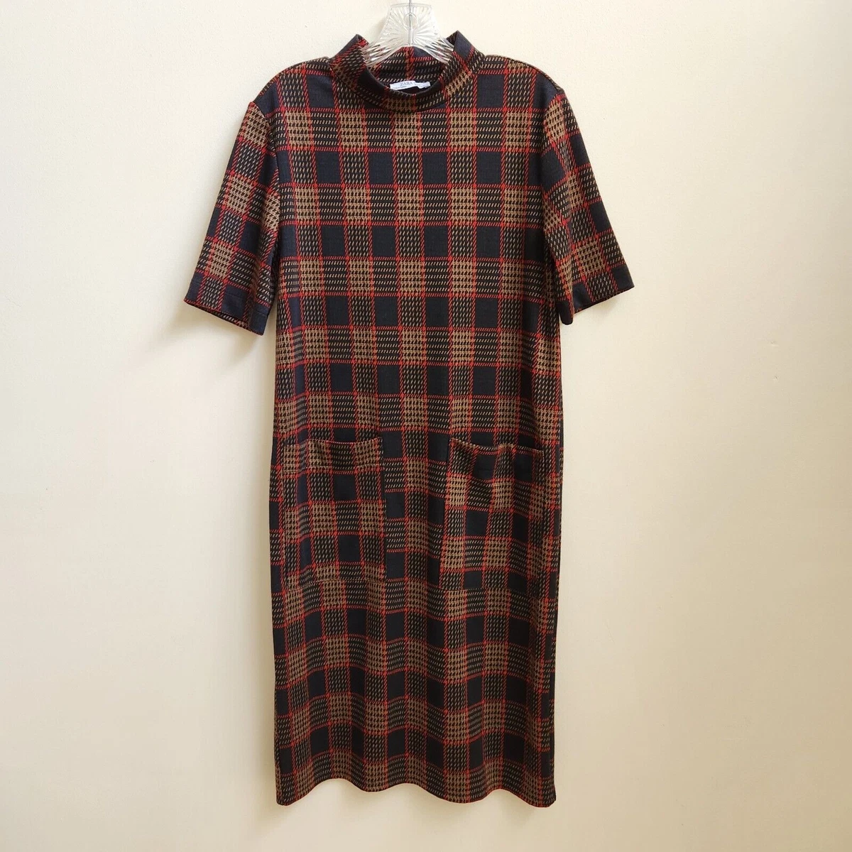 brown plaid dress zara Zara Black/Brown Checkered Soft & Warm Jacquard Party Dress A-line Button 13-14