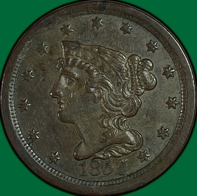 1857 Braided Hair Half Cent Choice Almost Uncirculated AU+ Coin #41629