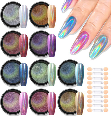 Holographic Chrome Nail Powder, 10 Colors Metallic Mirror Effect Nail Glitter Po