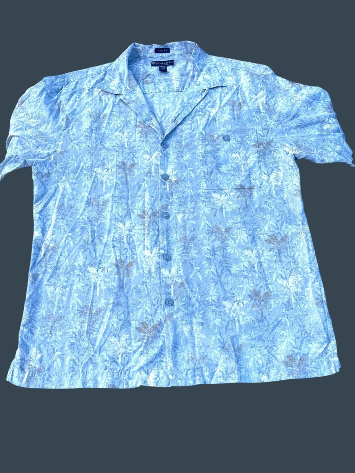 Mens Limited Edition Silk Hawaiian Shirt Blue Palm Print Size L Weekender Beach