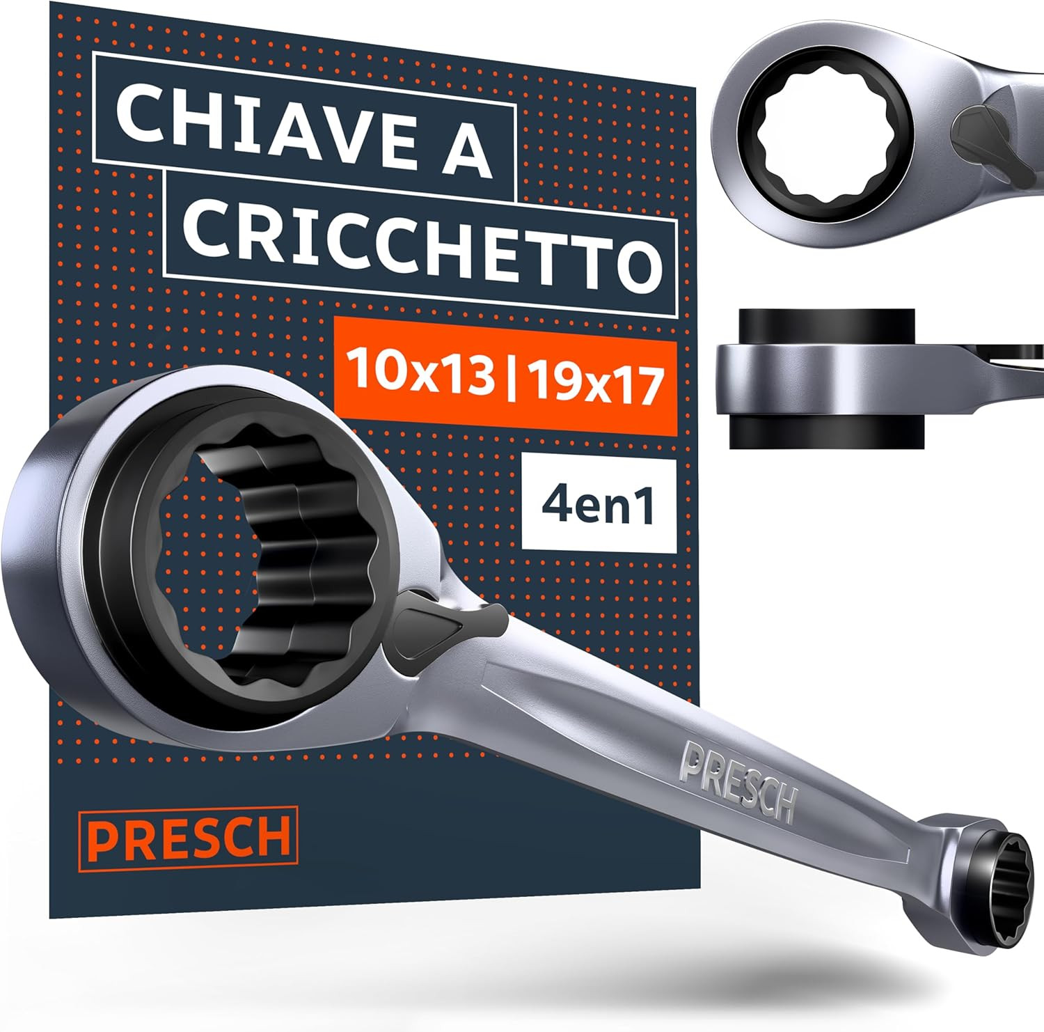 Chiave Combinata Cricchetto 4 in 1 Reversibile 10/13 e 17/19 mm
