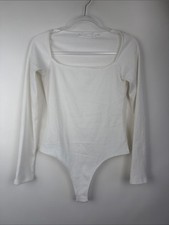 ASTR the Label Square Neck Long Sleeve Ribbed Bodysuit Ivory Cream Medium